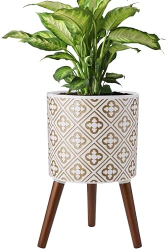 naclto 12 Inch Planter Pot with Stand,Plant Stand Plant Pot for Indoor Plants,Large Modern Flower Pots Indoor Outdoor with Drainage for Home Garden Patio, White and Gold by nacltlo