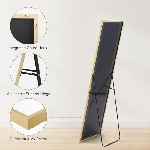 DUMOS Gold Full Length Mirror 59"x16.5" Full Body Floor Mirror for Bedroom or Cloakroom, Can Stand Alone, Hang or Lean Against Wall, Tall Wall Mirrors with Stand and Sleek Aluminum Alloy Thin Frame - Image 6