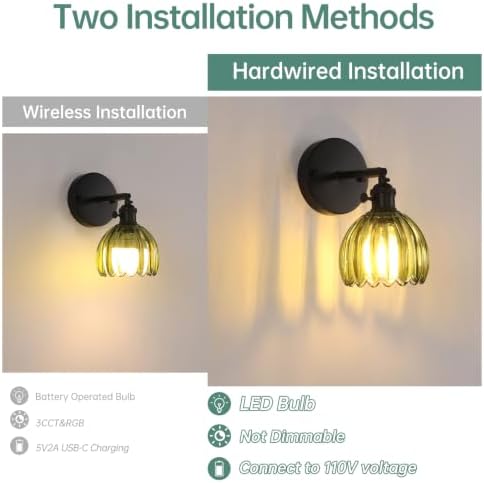 Shenmoyl Vintage Wall Sconce with Green Tulip Glass Lampshade 180 Degree Adjustable Black Sconce Hradwired Modern Wall Lighting Fixture with Switch for Bedside Bedroom Doorway - Image 2