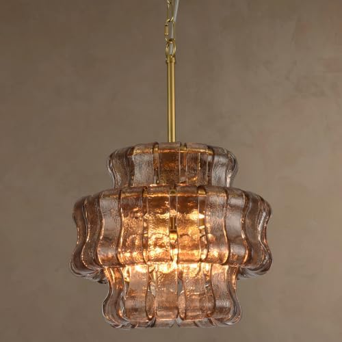 12.5-Inch Smoked Glass Pendant Light, 3-Light Brass Kitchen Island Pendant by PIOUTNF