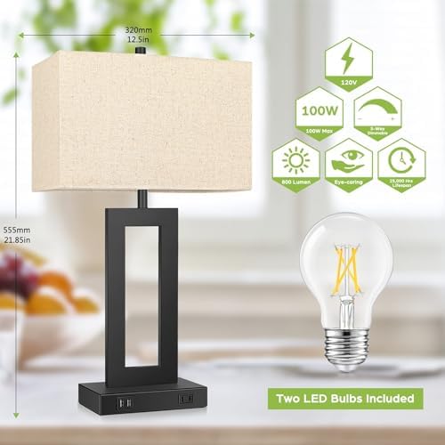 TOBUSA 22" Table Lamp Set of 2, Modern Nightstand Lamp with 2 USB Ports - Image 3