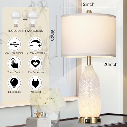 Rinweey 26" Modern Clear Glass Table Lamps Set of 2,Nightstand Lamp with USB A+C Ports & AC Outlet,Bedside Lamps with 3-Way Dimmable Touch Control Night Light for Bedroom Living Room(Bulbs Included) - Image 4