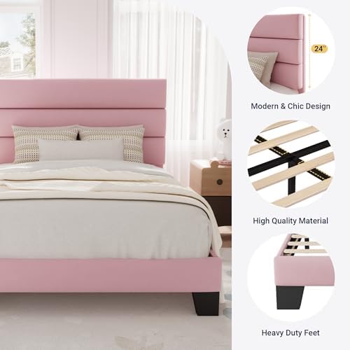 Allewie Twin Size Platform Bed Frame with Velvet Upholstered Headboard Pink - Image 6