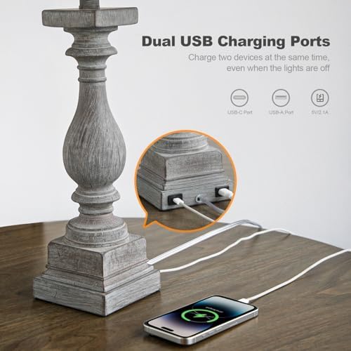 BOBOMOMO 27" Farmhouse Table Lamps with USB-A +C Ports, Vintage Rustic Lamps for Living Room, Linen Shade, Retro Side Table Lamps Set of 2 for Living Room,Bedroom,Night Stands (Blubs not Included) - Image 3