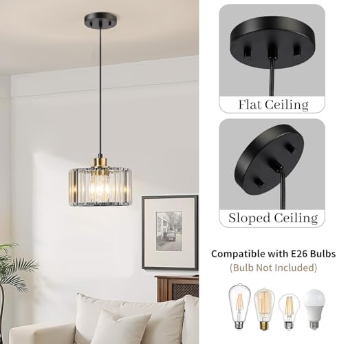 TALOYA Pendant Lights Kitchen Island Black and Gold, Crystal Pendant Light Modern for Dining Room, Height Adjustable Chandelier Hanging Island Light Fixtures for Kitchen Hallway(Bulb Not Included) - Image 3