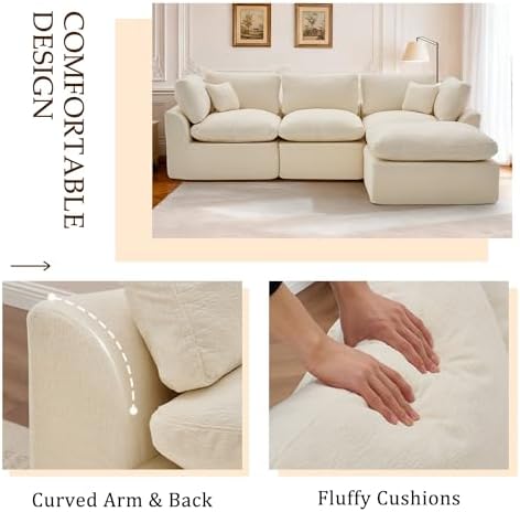 Korser 110" Cloud Sectional Boneless Couches for Living Room, Modern Modular Sectional Sofa with Ottoman, Cloud Couch with Comfy Deep Seats, Cut Pile Chenille L-Shape Sofa Couch for Living Room, Beige - Image 5