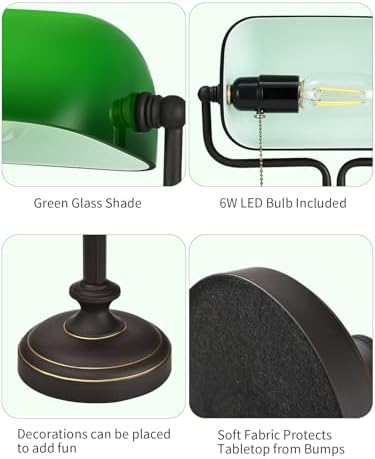 Traditional Banker's Desk Lamp with Glass Shade,Pull Chain Switch, LED Bulb Included (Antique Black+Green) - Image 5