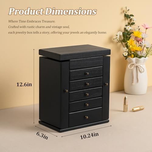 Emfogo Wooden Jewelry Box for Women, 6-Tier Large Jewelry Organizer Boxes with Mirror Rustic Solid Wood jewlery Storage for Rings Earrings Necklaces Bracelets watches(Black) - Image 2
