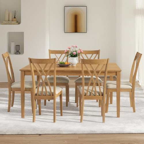 Zevemomo 7-Piece Wood Dining Table Set with 6 Chairs, Natural Wood Color - Image 7