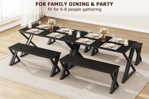 CABIHOME Space-Saving Rectangular Dining Table Set for 4 – Includes Table and 2 Benches – Durable x-Shaped Metal Frame – Perfect for Kitchen, Dining Room, Apartment, or Studio, Black - Image 4