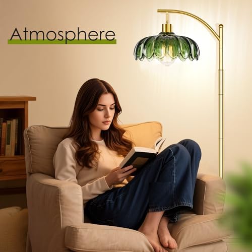 gernehop Gold Floor Lamp for Living Room,Unique Vintage Standing Tall Lamp,Mid Century Modern Floor Lamps Arc Green Glass Floor Lamps for Office Corner - Image 6