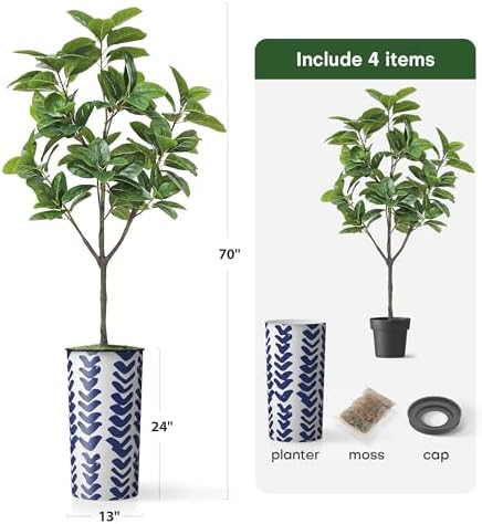 Artificial Tree in Pattern Planter, Fake Rubber Silk TRE for Indoor and Outdoor Home Decoration - 70" Overall Tall (Plant Pot Plus Tree) - Image 5