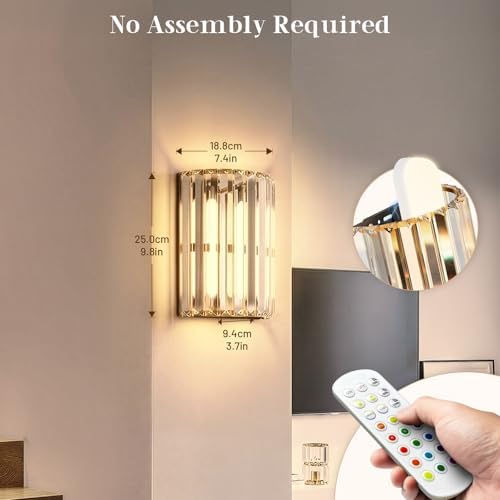Black and Gold Battery Operated Wall Sconces Set of 2, Crystal Wireless Wall Lights with Remote, Rechargeable Cordless Wall Lamps 12 RGB and 3 CCT Dimmable Decor for Bedroom Living Room - Image 6