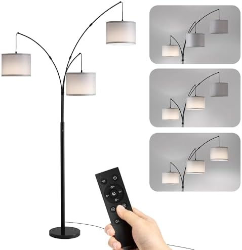 Floor lamp with Remote, 3 Light Arc Floor Lamps for Living Room, 2400LM Tall Standing Floor Lamps with Gray Shades, 80" Large Floor Lamp for Bedroom, Office by Fansdrick
