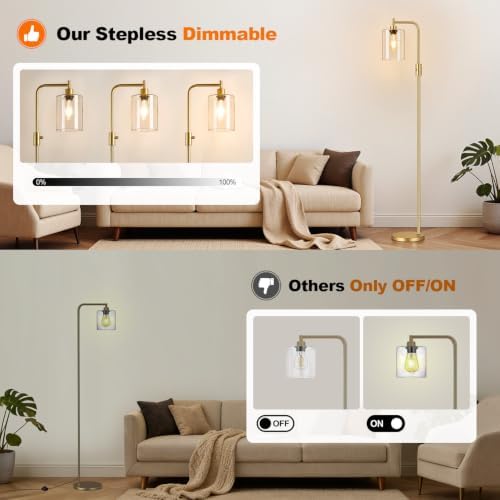 【Upgraded】 Dimmable Floor Lamp for Living Room with Seeded Glass Lampshade, Gold Modern Glass Floor Lamp with 900LM LED Bulb Included, Arc Standing Tall Lamp for Bedroom, Office, Reading Room, Corner - Image 3