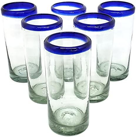 Cobalt Blue Rim 14 oz Highball Glasses (set of 6), Recycled Glass, Lead-free, Toxin-Free (Highball) by MexHandcraft