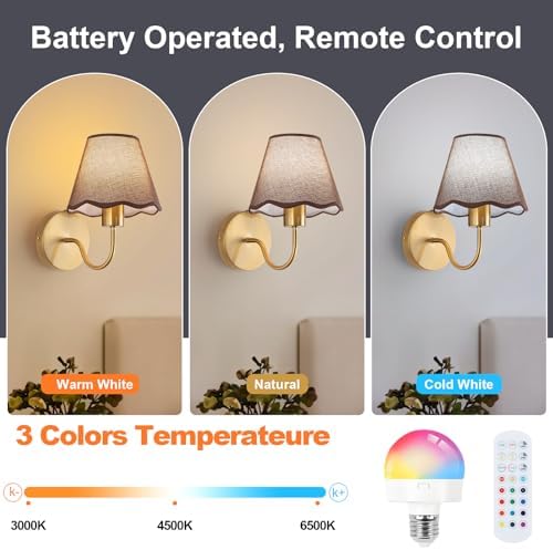 ADISUN Battery Operated Wall Sconce Set of 2, Gold Wall Lamps Rechargeable Bulbs for Living Room, Brown Rattan Shade, Wireless Wall Lights for Bedroom Living Room Hallway Kitchen(2 Bulbs Included) - Image 3