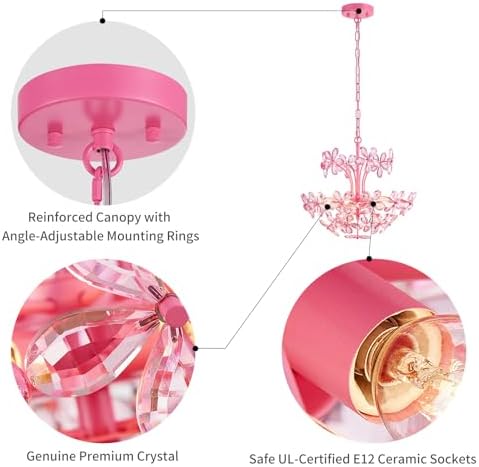 WUZUPS Crystal Chandelier Pendant Flushmount Ceiling Light Modern Lighting Fixture for Bedroom Hallway Bar Kitchen Bathroom, H 15.7" x W 17.7", Pink, E12 Base - Image 3