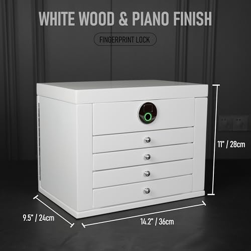 White Wood Jewelry Box, Large Size, Fingerprint Unlock, Seven Level Jewelry Organizer with Necklace Hanger and Mirror, High Gloss Lacquer Finish (5L-WT) - Image 4