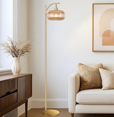 Gold Floor Lamp for Living Room,Bedroom,Dimmable Glass Standing Lamp with Amber Lampshade & Remote, Brass Tall Lamp Boho Modern Floor Lamps Arc Floor Light Lamp,12W Bulb Included - Image 3