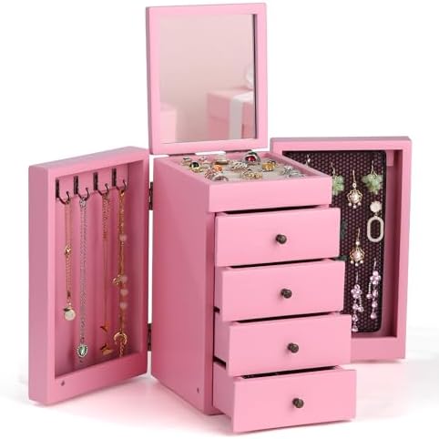 Meangood Jewelry Box Wood for Women, 5-Layer Large Organizer Box with Mirror & 4 Drawers for Rings, Earrings, Necklaces, Pink by Meangood