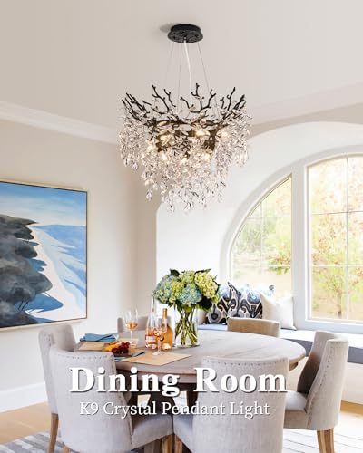Modern Crystal Chandelier for Dining Room, 23.62" Black Tree Branch Chandeliers, 8-Light Luxury K9 Crystal Round Chandeliers for Kitchen Island Living Room - Image 2
