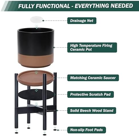 D'vine Dev Ceramic Pot with Ebony Wood Stand, Black/Tan, 8 in, 55-B-M-7 - Image 5