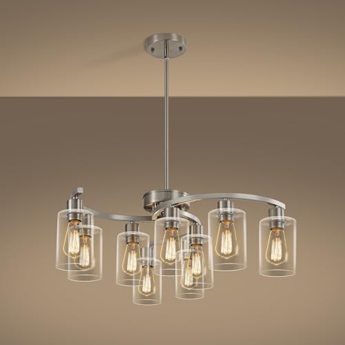 CNRATYE 9-Light Brushed Nickel Glass Chandelier, Adjustable Height Hanging Industrial Dining Room Chandelier Over Table, Modern Farmhouse Chandelier for Kitchen Island Living Room Entryway Bedroom by CNRATYE