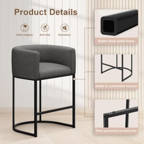 26" H Counter Height Bar Stools Set of 1, Modern Barrel Counter Stools with Backrest and Arms, Linen Fabric Upholstered Accent Barstools for Kitchen Island,Support 450 LBS (Carbon Black) - Image 6