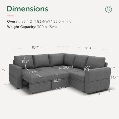 HONBAY Sectional Sleeper Sofa with Pull Out Bed, L Shaped Couch with Storage Seat, Modular Sectional Couches for Living Room, Dark Grey - Image 2