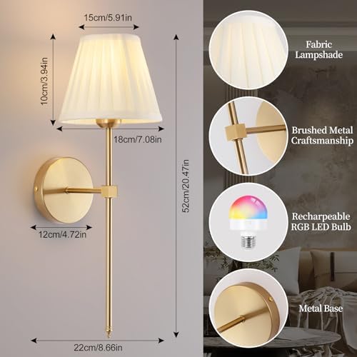 Cordless Battery Operated Wall Sconces Set of 2, Rechargeable Wall Sconce with Remote, Fabric Shade Wireless Wall Sconce Fixtures for Bedroom, Living Room, Bedside (2 Bulbs Included) - Image 2