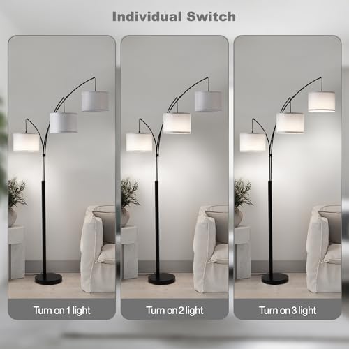 Floor lamp with Remote, 3 Light Arc Floor Lamps for Living Room, 2400LM Tall Standing Floor Lamps with Gray Shades, 80" Large Floor Lamp for Bedroom, Office - Image 4