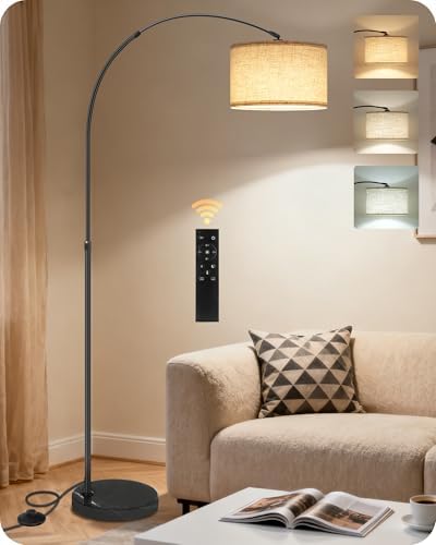 75" Tall Dimmable Arc Floor Lamp with Marble Base, Adjustable Height, Beige by GOEBLESON
