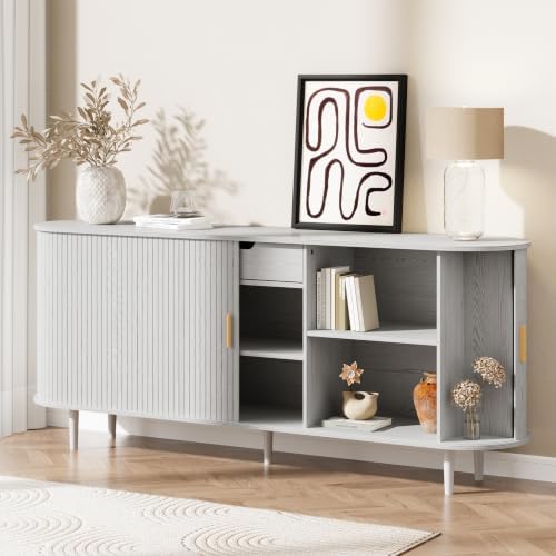 71" Sideboard Buffet Cabinet with Storage,Large Credenza with Sliding Doors and 1 Drawer,Mid Century Modern Coffee Bar Cabinet with Adjustable Shelves for Dining Room, Kitchen, Living Room (White) by DHHFurnitureBuyNow