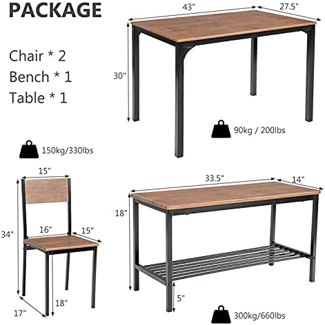 GIANTEX Dining Table Set for 4, 43" Kitchen Table and Chairs, Dining Bench with Metal Frame & Storage Rack, 4-Piece Modern Functional Desk Set for Dinette, Small Space, Apartment, Restaurant, Walnut - Image 5