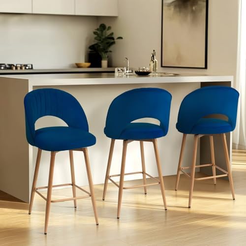 Swivel Bar Stools Set of 3, Counter Height Barstools for Kitchen Island, 26" Seat Height Bar Chairs for Dining Room, Upholstered Bar Stool with Back and Footrest, Blue - Image 6