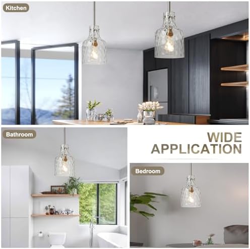 WILON Modern Glass Pendant Lighting for Kitchen Island, Farmhouse Pendant Lights for Dining Room Kitchen Sink, Adjustable Hanging Ceiling Light 7" Hammered Glass Shade, Brushed Nickel Metal Finish - Image 5
