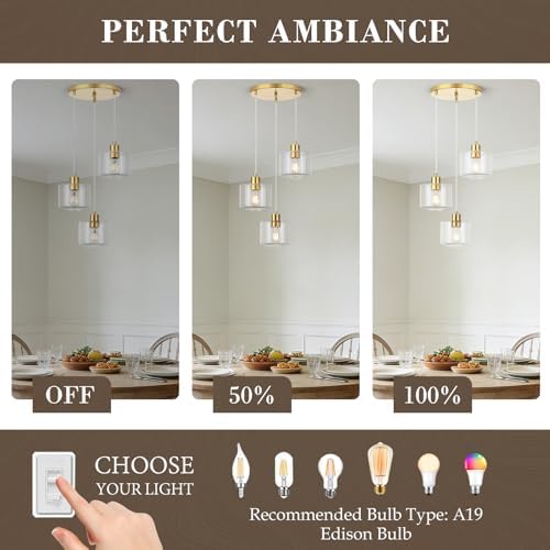 Brushed Gold Dining Room Chandelier Light Fixture, 3-Light Pendant Lighting with Clear Glass, Modern Kitchen Island Cluster Hanging Pendant Lights for Kitchen Dining Room, OS-YQ8153-3BGC - Image 6