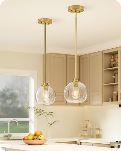 EDISHINE 2-Pack Pendant Light Kitchen Island Clear Glass Globe Gold by EDISHINE