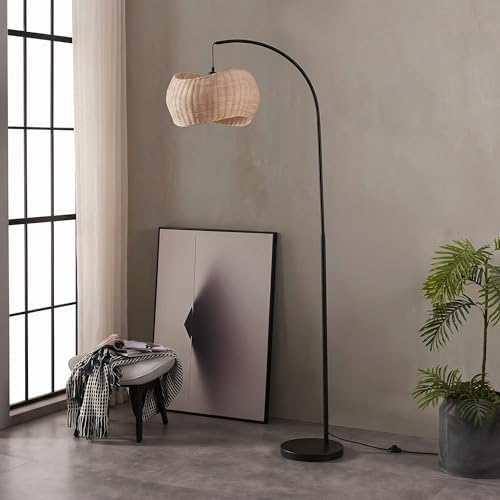 Brightech Wave Arc Floor Lamp - Chic Standing Lamp with Unique Hanging Wicker Pendant Shade for Living Room, Boho Rattan Natural Decor Lamp, Arcs Over Sofa, Bedroom & Office Desk for Reading - Black - Image 7