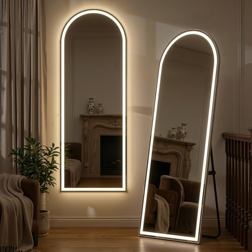 Arched Full Length Mirror with LED Lights, 60"x16" LED Floor Mirror with Stand, Body Floor Mirrors with Dimming & 3 Color Lighting, Wall Mounted LED Mirrors for Bedroom, Dressing Room, Cloakroom by SimpleDeluxe