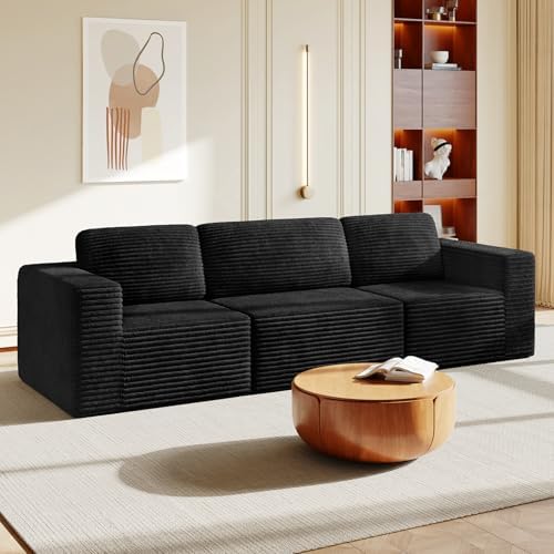 Vesgantti 119" Modular Sectional Sofa, Corduroy Cloud Couch with Deep Seating & Spring Support, 3 Seater Flexible Layout Sofa, Boneless Couch for Living Room & Apartment, No Assembly Required, Black by Vesgantti