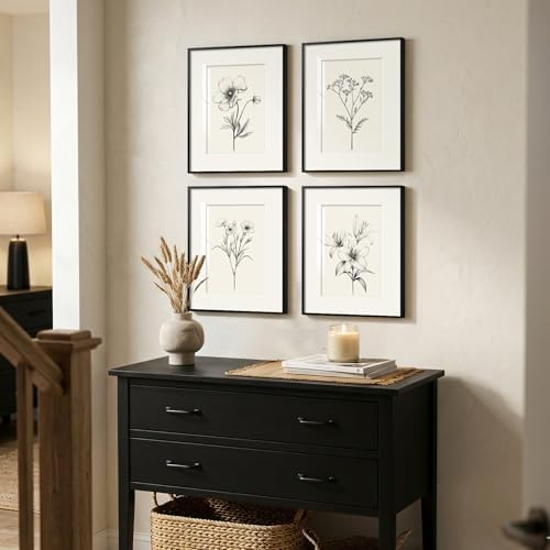 Framed Retro Black and White Floral Wall Art for Bedroom, 4 Piece 12x16 In - Image 3
