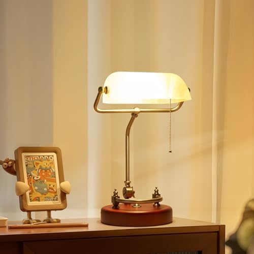 Bankers Lamp Traditional White Glass Desk Lamp Solid Wood Pull Chain Switch - Image 2