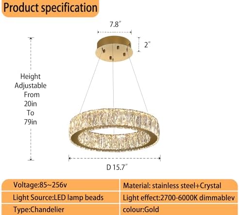 Modern LED Ring Pendant Light Dimmable Crystal Chandelier 15.7" Gold Crystal Chandelier for Dining Room Living Room - Image 2