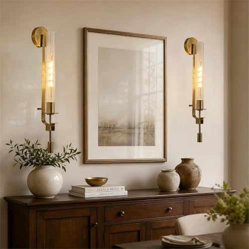 LIGHTLAND Gold Wall Sconces Set of 2, 28 Inch Modern Metal Glass Wall Light Fixture, Wall Lamp for Living Room Bedroom Hallway by LIGHTLAND