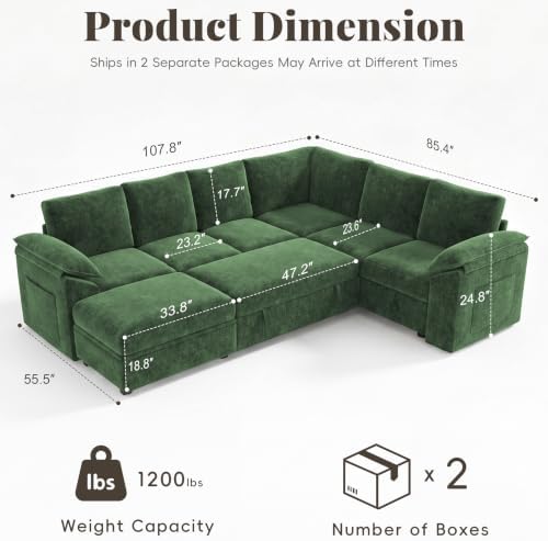 108 In L Shaped Modular Sectional Sofa Couch for Living Room, Green - Image 3