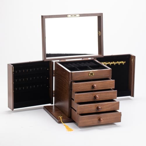 Changsuo Wooden Jewelry Box for Women, Organizer Box of Solid Wood with Lock and Key for Jewelries, Watches, Necklace, Ring, Lockable Storage Case (Rustic Brown) - Image 6