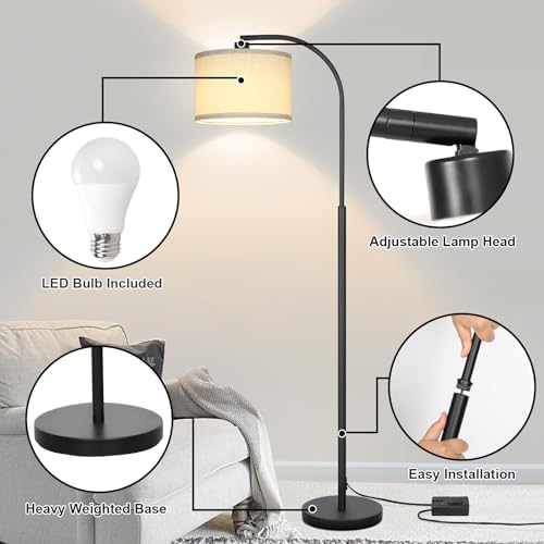 Modern Floor Lamp for Living Room, Arc Floor Lamp with Adjustable Hanging Shade, Black Light with Pedal Switch for Bedroom Study Room, 9W 3000K LED Bulb Included - Image 3