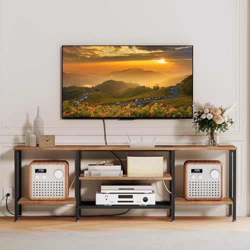 HOOBRO TV Stand with Power Outlets to 75 Inches, TV Console Table with Open Storage Shelves Cabinet, Industrial Media Entertainment Center for Living Room Bedroom, Rustic Brown and Black BF60DS01 - Image 3